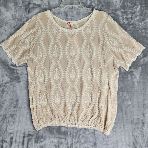 Solitaire Top Womens XL Beige Embroidered Scallop Short Sleeve Boho Western NEW - Picture 1 of 10